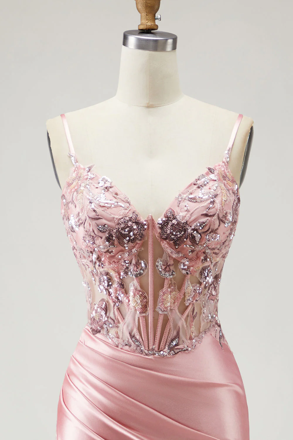 Blush Mermaid Spaghetti Straps, satynowy przezroczysty gorset, cekinowy długi bal sukienka z rozcięciem - Image 4