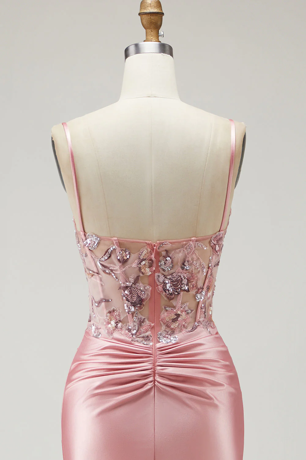 Blush Mermaid Spaghetti Straps, satynowy przezroczysty gorset, cekinowy długi bal sukienka z rozcięciem - Image 5