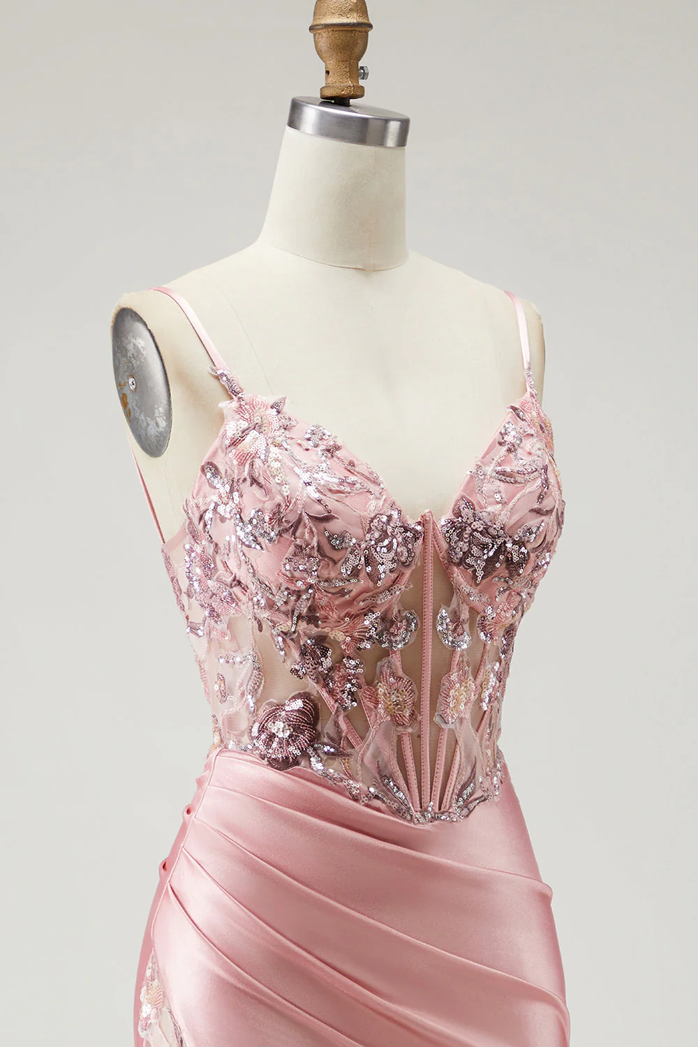 Blush Mermaid Spaghetti Straps, satynowy przezroczysty gorset, cekinowy długi bal sukienka z rozcięciem - Image 6