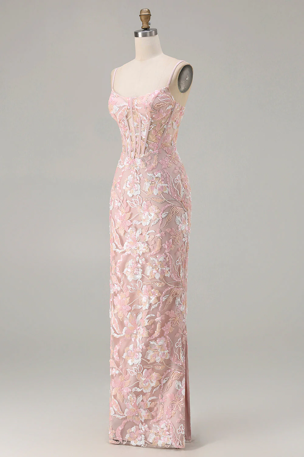 Blush Pink Sukienka z cekinami i szpagetti, długa sukienka na bal - Image 3