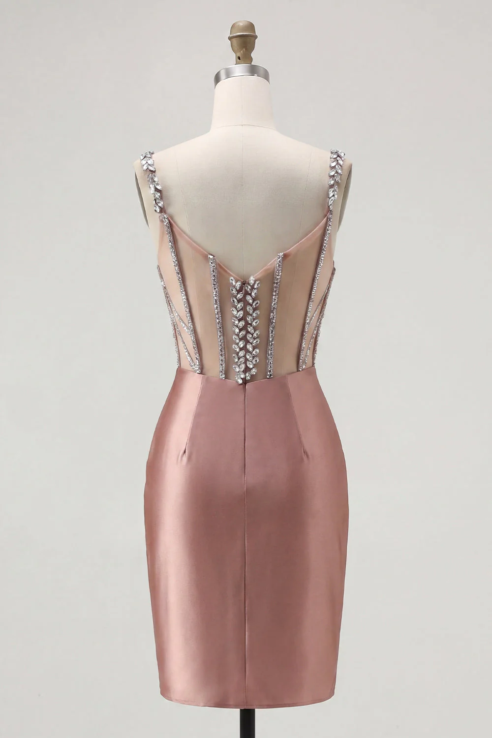 Blush Satin Bodycon Body-przezroczysty gorset mini sukienka na homecoming z kryształkami - Image 2