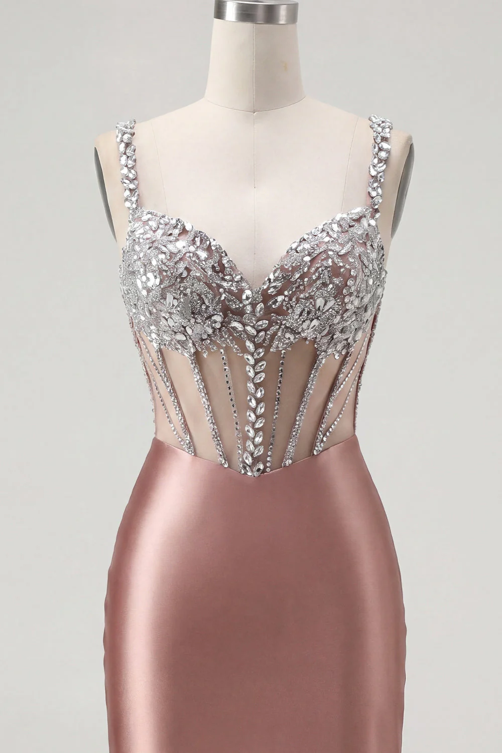 Blush Satin Bodycon Body-przezroczysty gorset mini sukienka na homecoming z kryształkami - Image 7