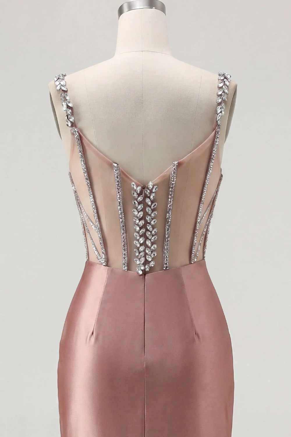 Blush Satin Bodycon Body-przezroczysty gorset mini sukienka na homecoming z kryształkami - Image 8
