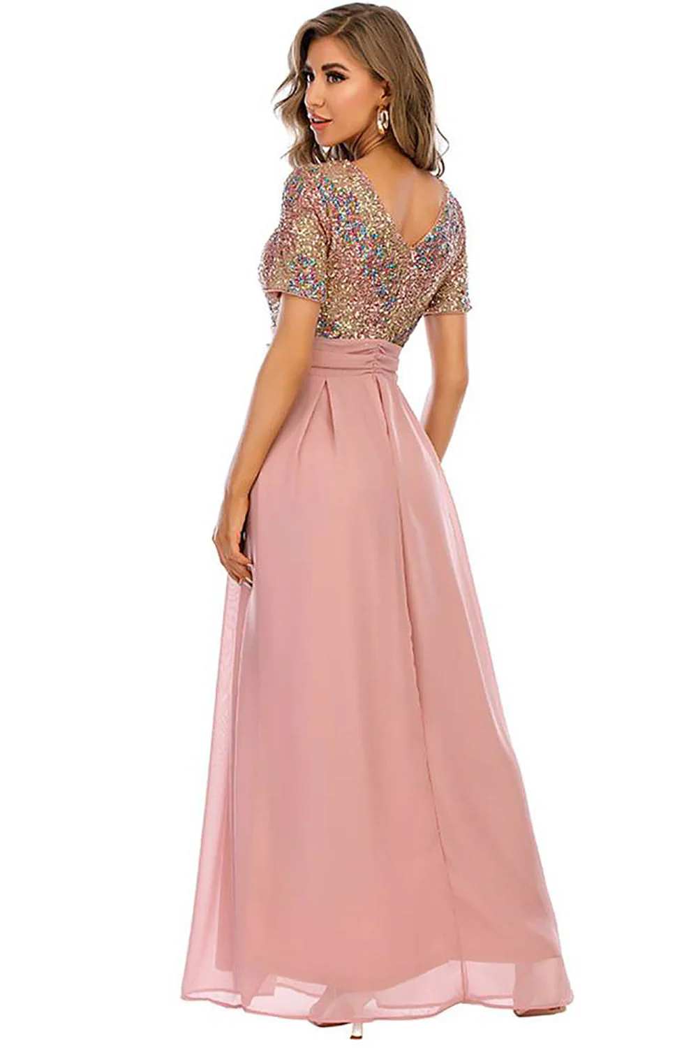 Blush Sequin A-line Round Neck Krótkie rękawy Długa suknia wieczorowa - Image 2