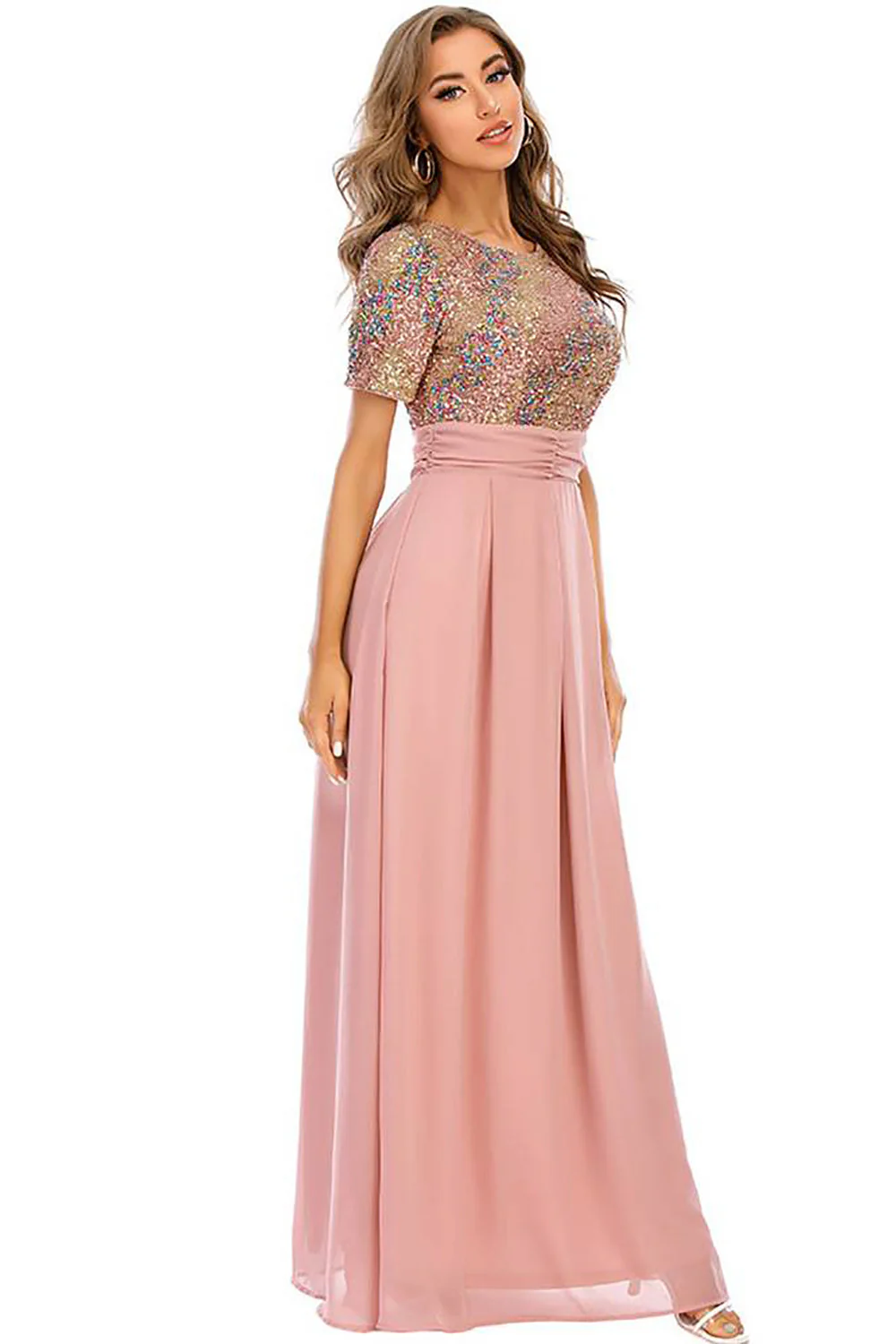 Blush Sequin A-line Round Neck Krótkie rękawy Długa suknia wieczorowa - Image 3