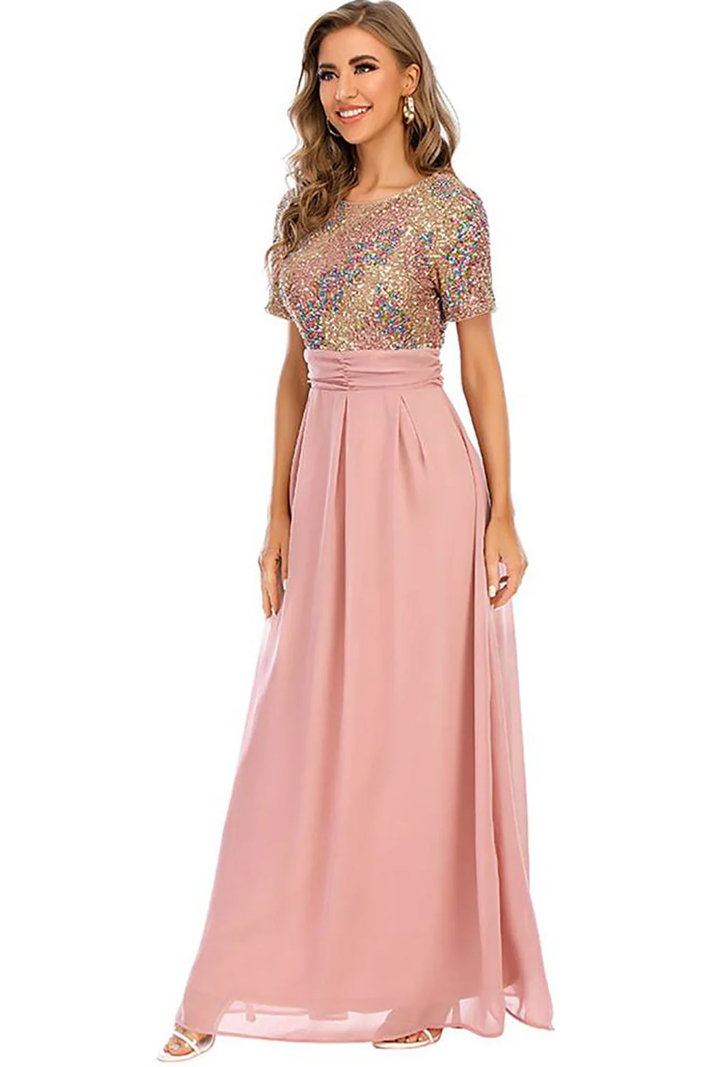 Blush Sequin A-line Round Neck Krótkie rękawy Długa suknia wieczorowa - Image 4