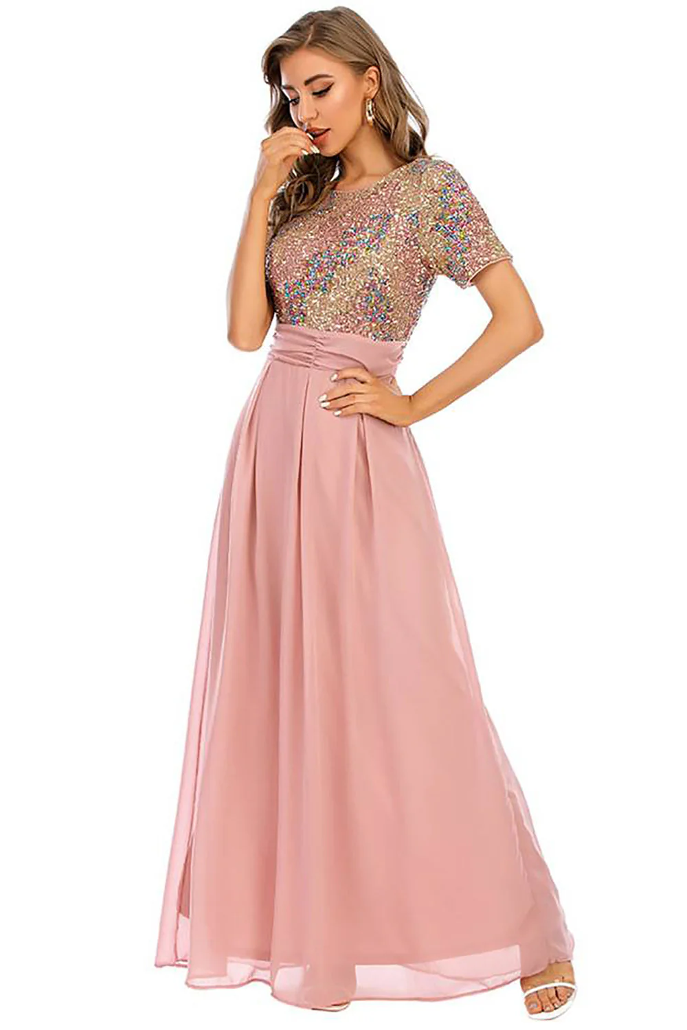 Blush Sequin A-line Round Neck Krótkie rękawy Długa suknia wieczorowa - Image 5