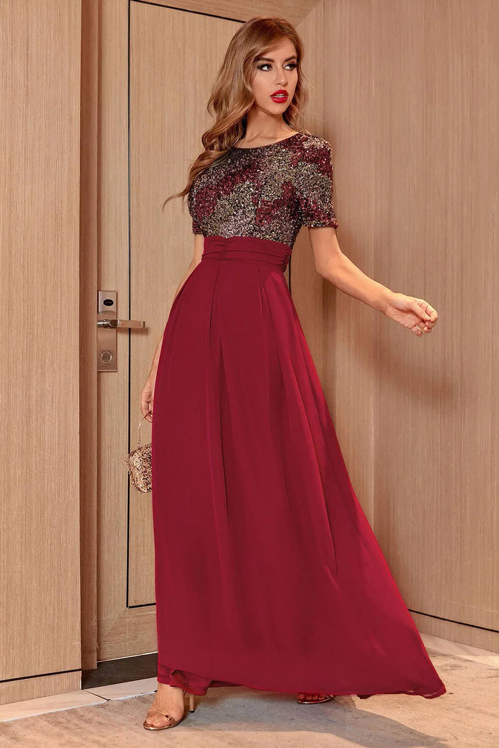 Blush Sequin A-line Round Neck Krótkie rękawy Długa suknia wieczorowa - Image 6