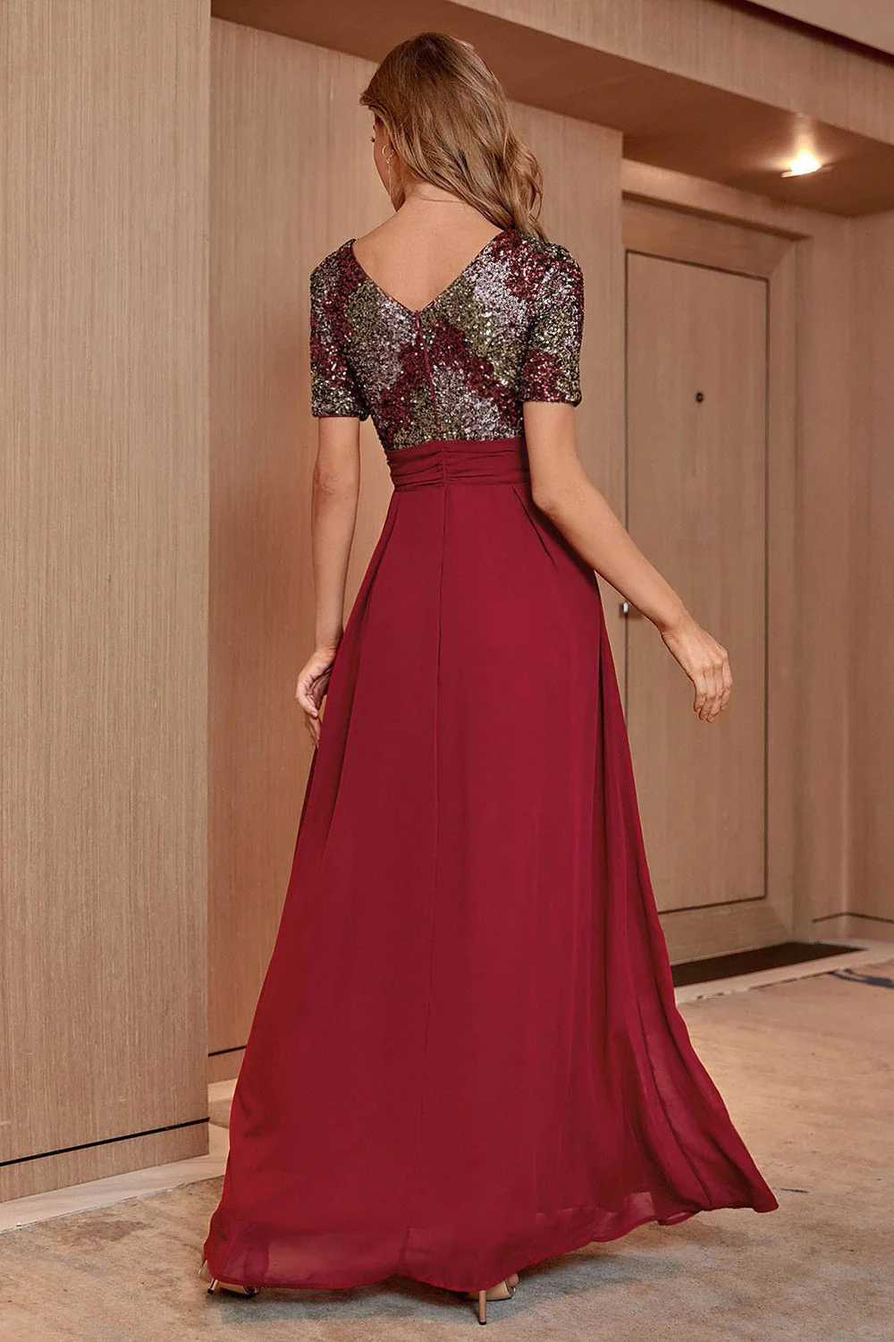 Blush Sequin A-line Round Neck Krótkie rękawy Długa suknia wieczorowa - Image 7