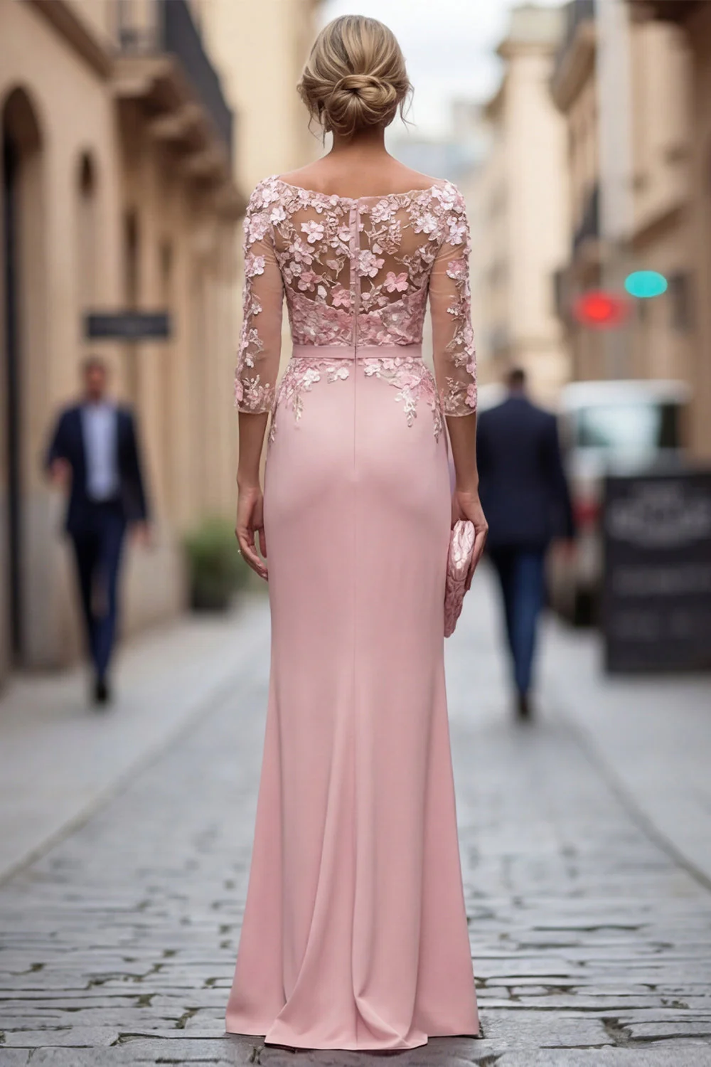 Blush sheath Bateau Length Girl Collar Long, marszczona sukienka matki panny młodej z aplikacjami - Image 2