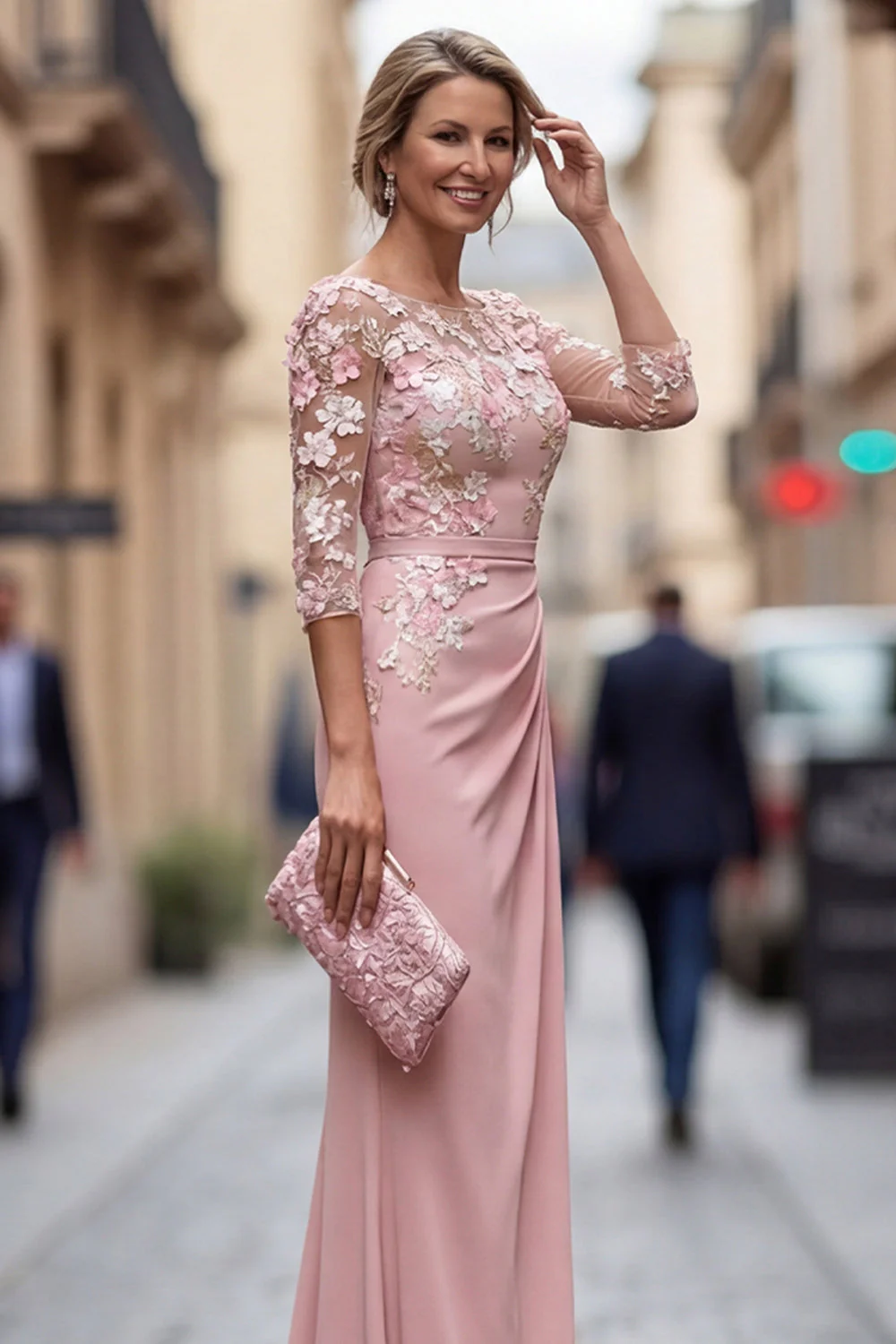 Blush sheath Bateau Length Girl Collar Long, marszczona sukienka matki panny młodej z aplikacjami - Image 3