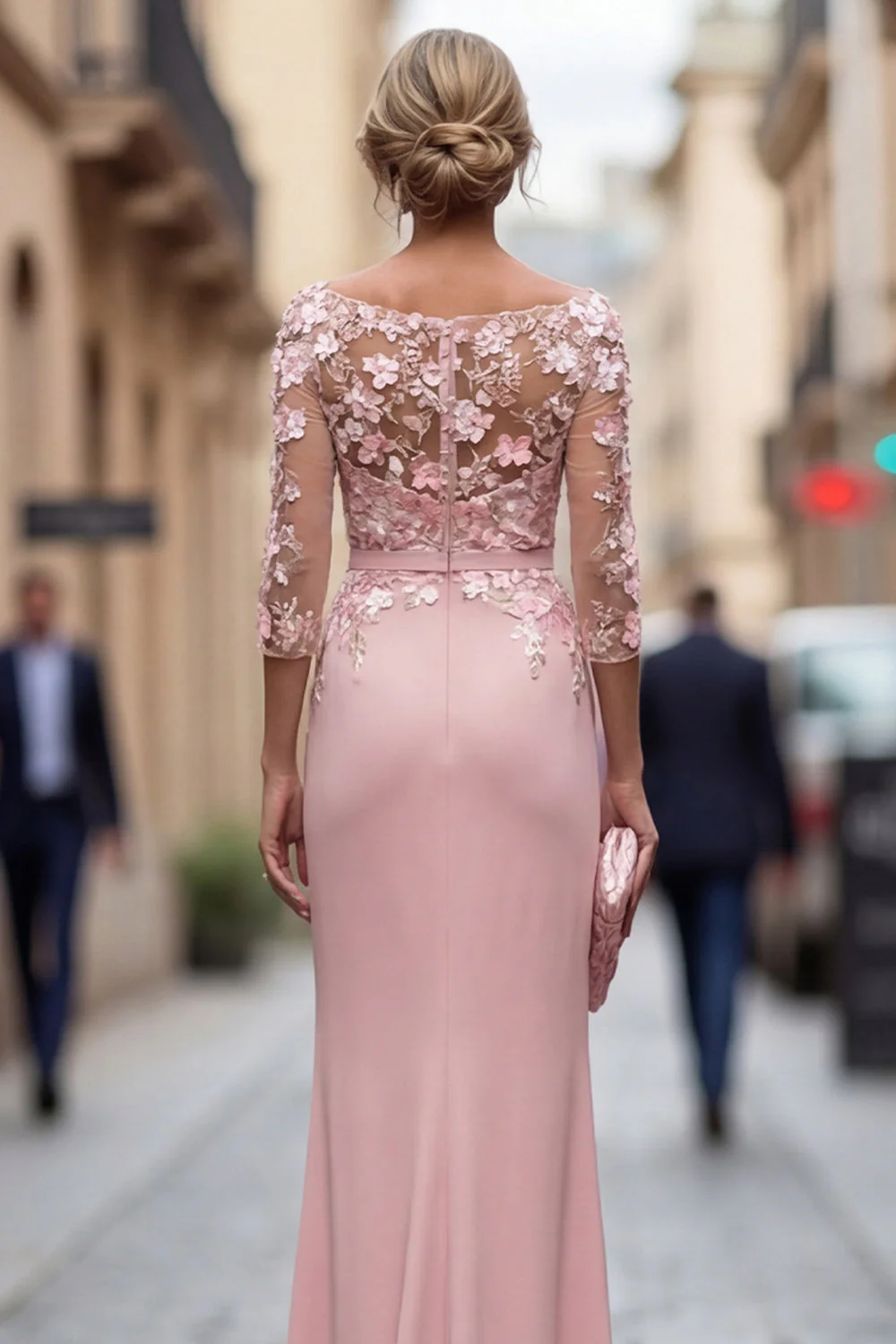 Blush sheath Bateau Length Girl Collar Long, marszczona sukienka matki panny młodej z aplikacjami - Image 5
