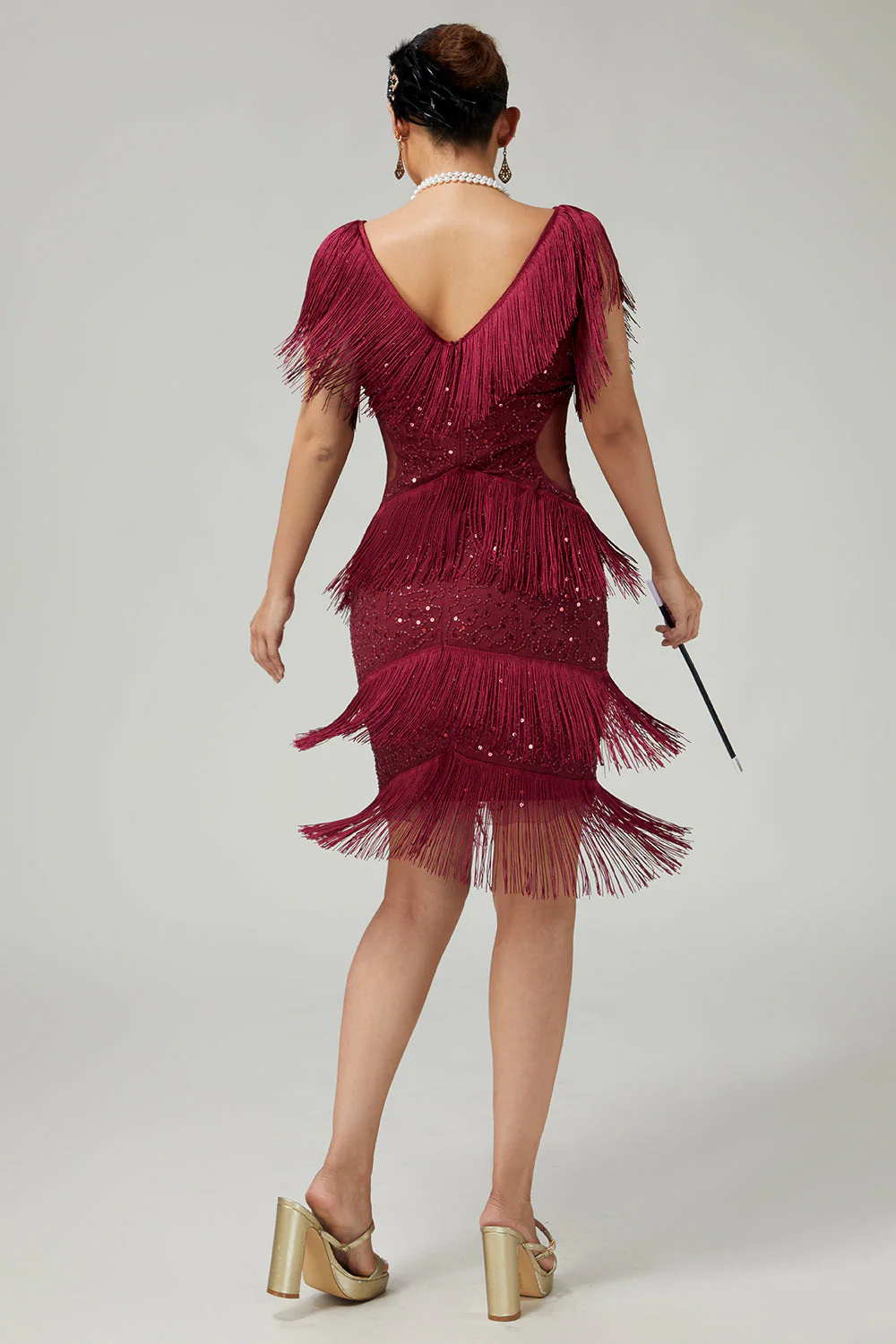 Błyszcząca bordowa sukienka bodycon z frędzlami z 1920 roku - Image 2
