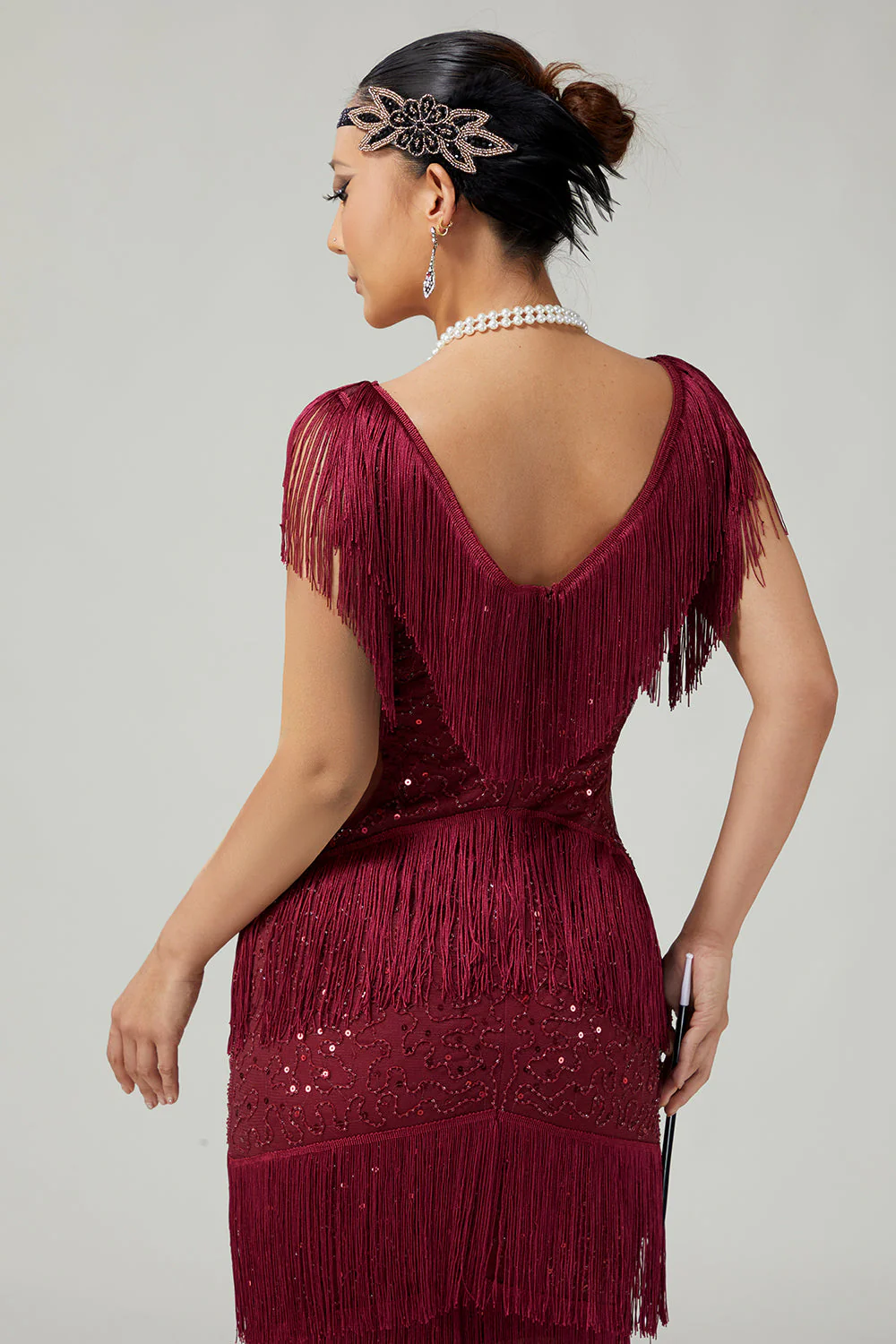 Błyszcząca bordowa sukienka bodycon z frędzlami z 1920 roku - Image 4