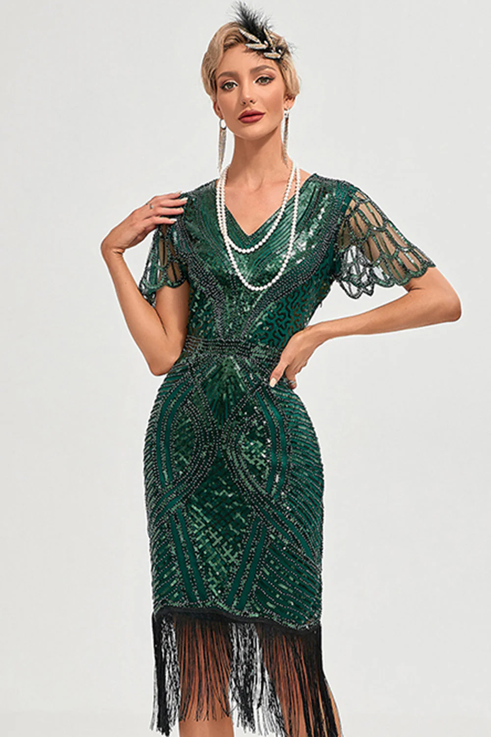 Błyszcząca Ciemnozielona Sukienka Flapper Z Frędzlami - Image 3