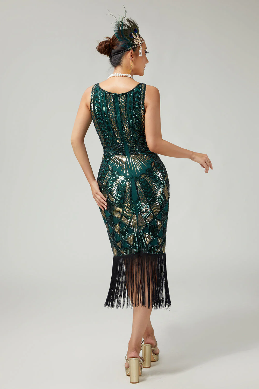 Błyszcząca ciemnozielona sukienka z frędzlami Bodycon 1920s z 5-częściowym zestawem akcesoriów - Image 2