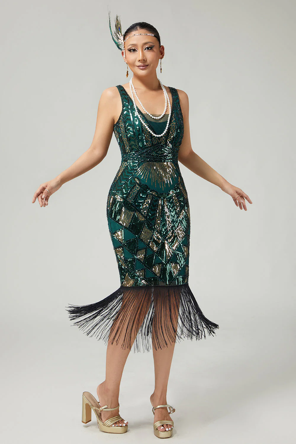 Błyszcząca ciemnozielona sukienka z frędzlami Bodycon 1920s z 5-częściowym zestawem akcesoriów - Image 4