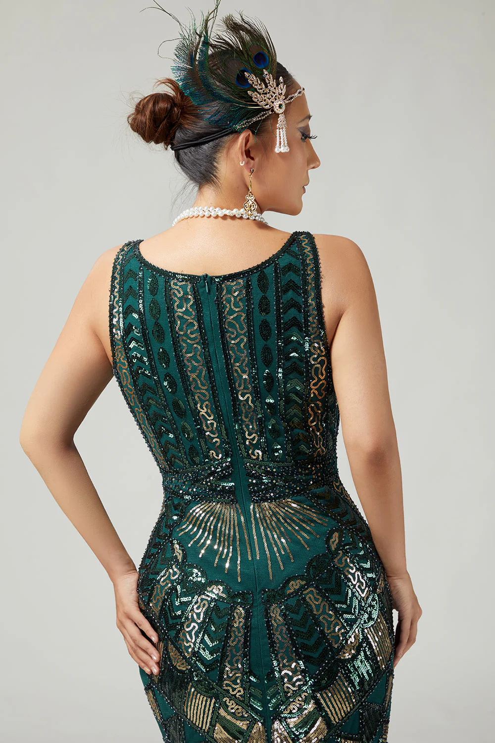 Błyszcząca ciemnozielona sukienka z frędzlami Bodycon 1920s z 5-częściowym zestawem akcesoriów - Image 6