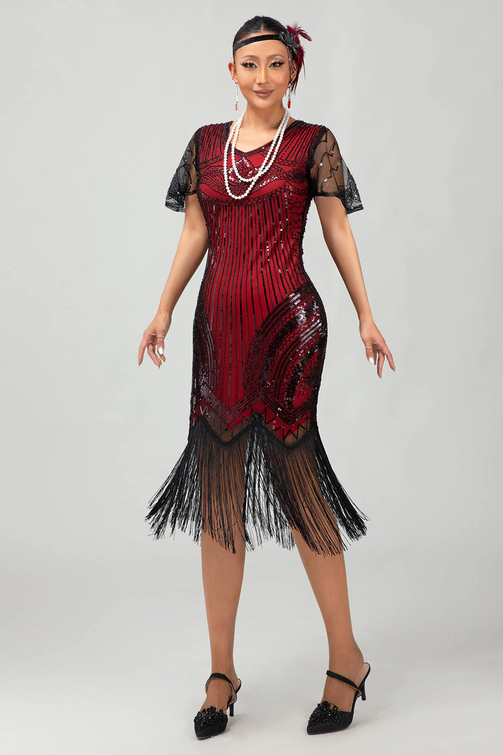 Błyszcząca czarno-czerwona krótka sukienka z frędzlami bodycon z frędzlami z 1920 roku - Image 6