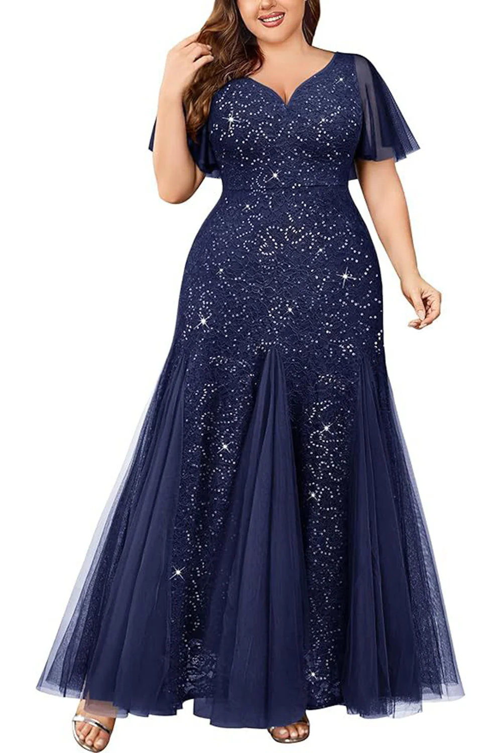 Błyszcząca Czarny Plus Size Tiulowe Długa Sukienki Na Wesele z Aplikacjami - Image 4