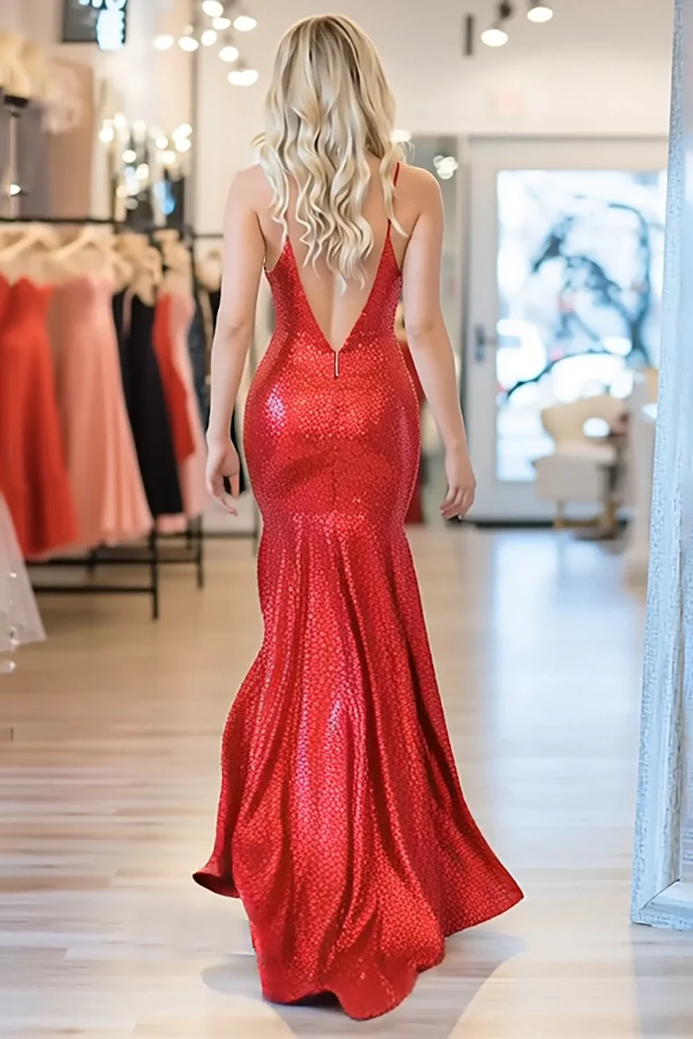 Błyszcząca czerwona sukienka na studniówkę bodycon z cekinami z rozcięciem - Image 2