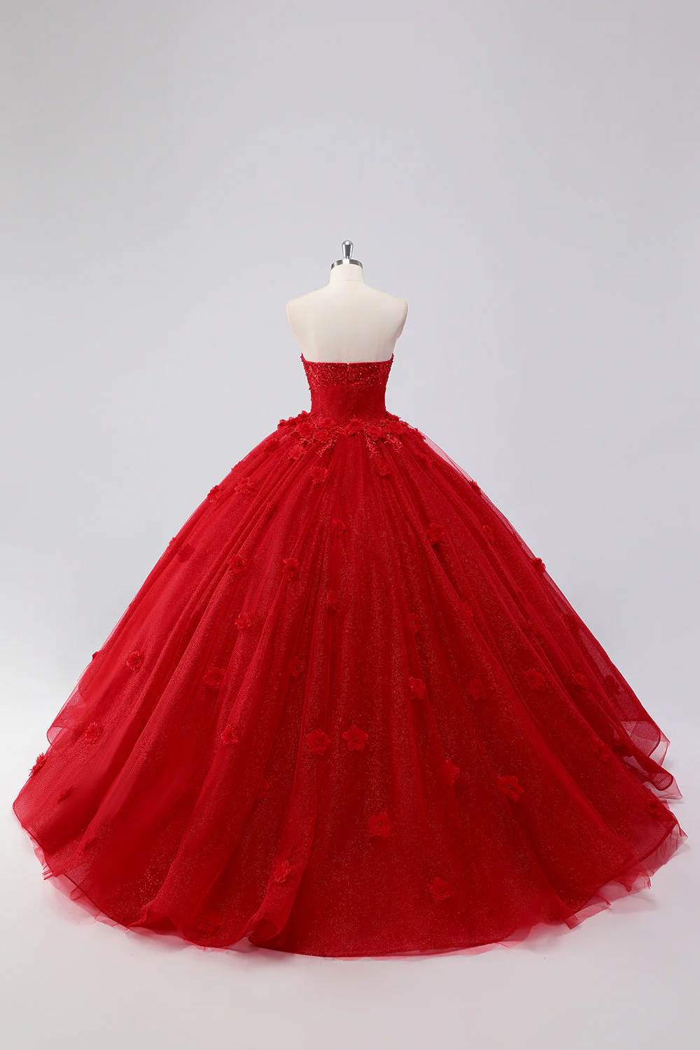 Błyszcząca czerwona suknia balowa bez ramiączek tiulowa sukienka quinceanera z aplikacjami kwiatowymi - Image 2
