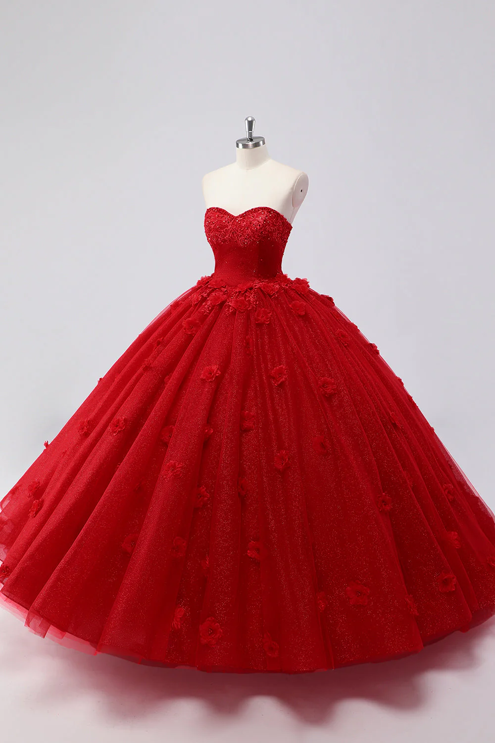 Błyszcząca czerwona suknia balowa bez ramiączek tiulowa sukienka quinceanera z aplikacjami kwiatowymi - Image 3