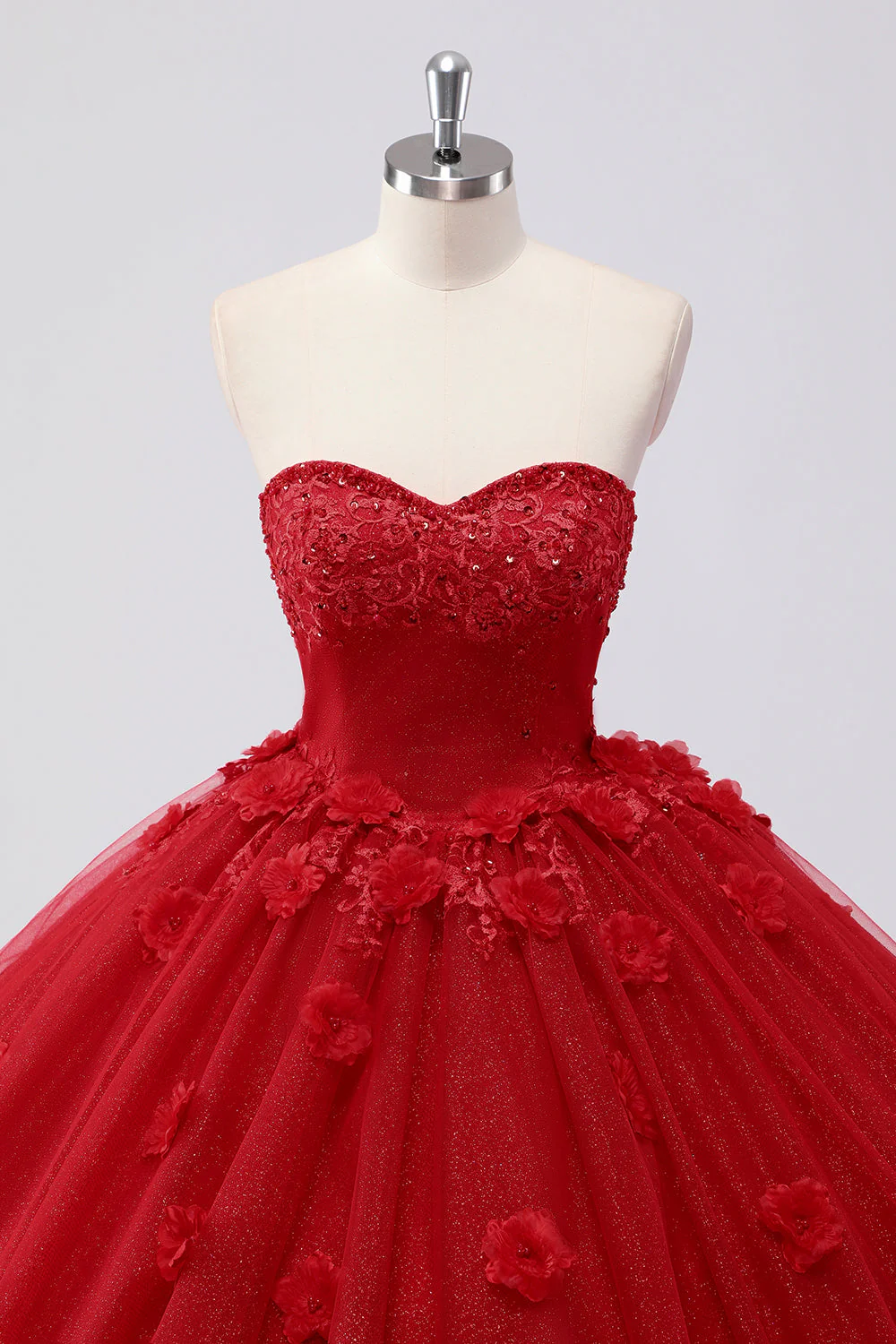 Błyszcząca czerwona suknia balowa bez ramiączek tiulowa sukienka quinceanera z aplikacjami kwiatowymi - Image 4