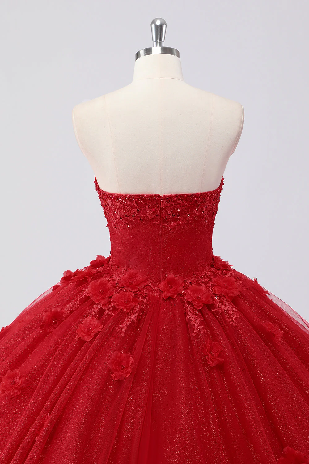 Błyszcząca czerwona suknia balowa bez ramiączek tiulowa sukienka quinceanera z aplikacjami kwiatowymi - Image 5