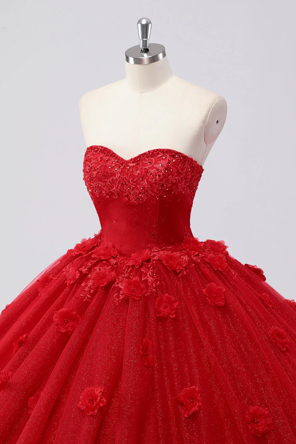 Błyszcząca czerwona suknia balowa bez ramiączek tiulowa sukienka quinceanera z aplikacjami kwiatowymi - Image 6
