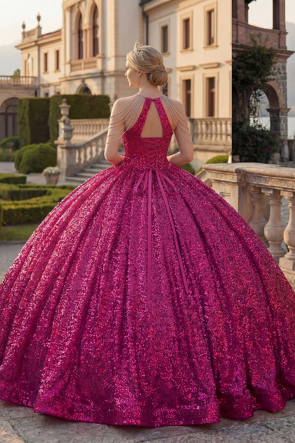 Błyszcząca fuksja, balowa suknia z cekinami i sukienią Quinceanera - Image 2