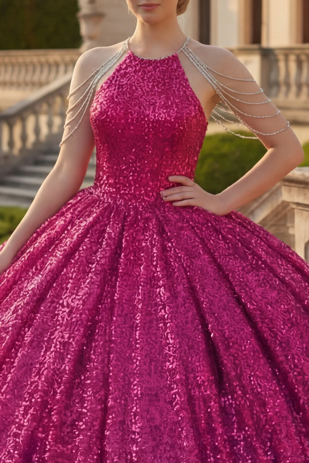 Błyszcząca fuksja, balowa suknia z cekinami i sukienią Quinceanera - Image 3