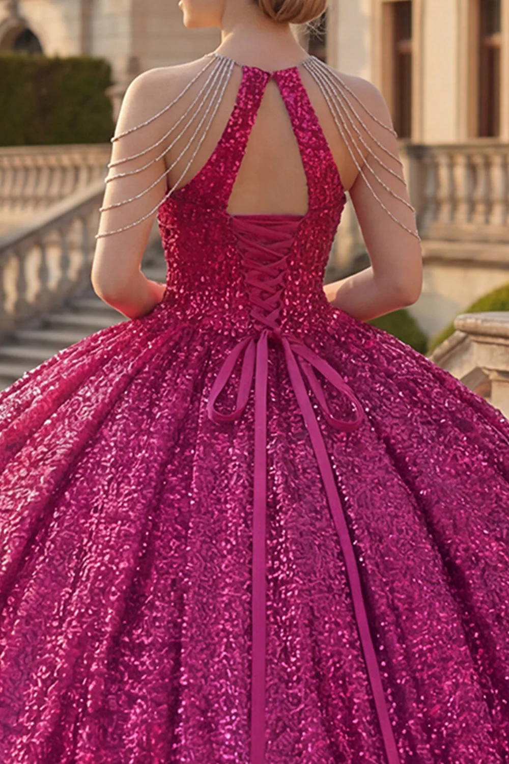 Błyszcząca fuksja, balowa suknia z cekinami i sukienią Quinceanera - Image 4