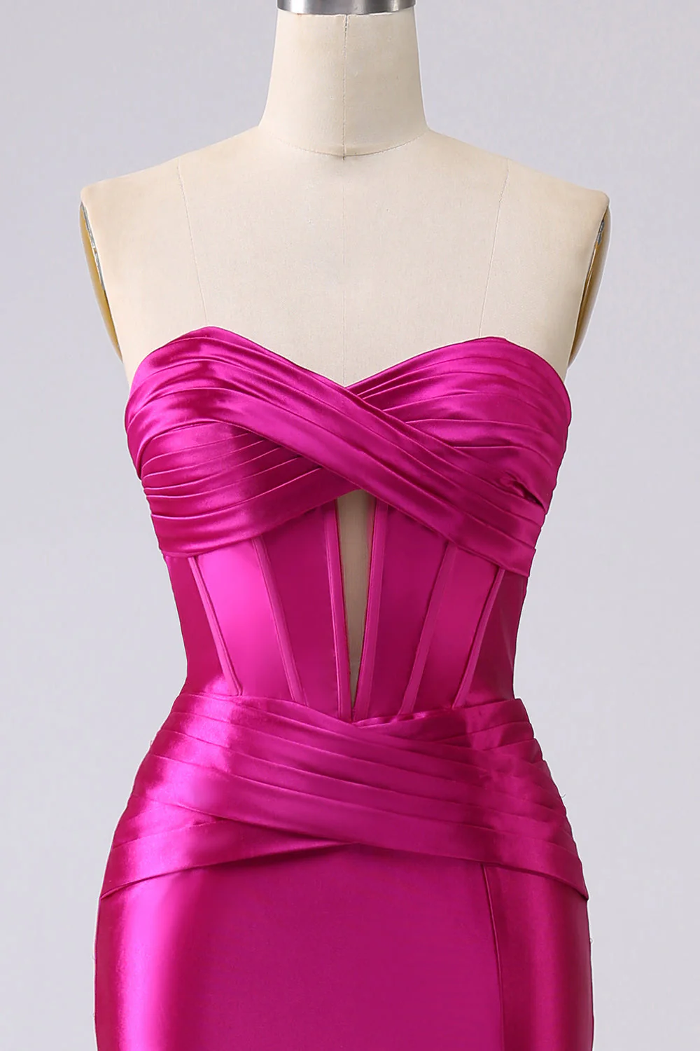 Błyszcząca Fuksja Gorsetowa Długa Sukienka Na Studniówkę Z Rozcięciem - Image 4