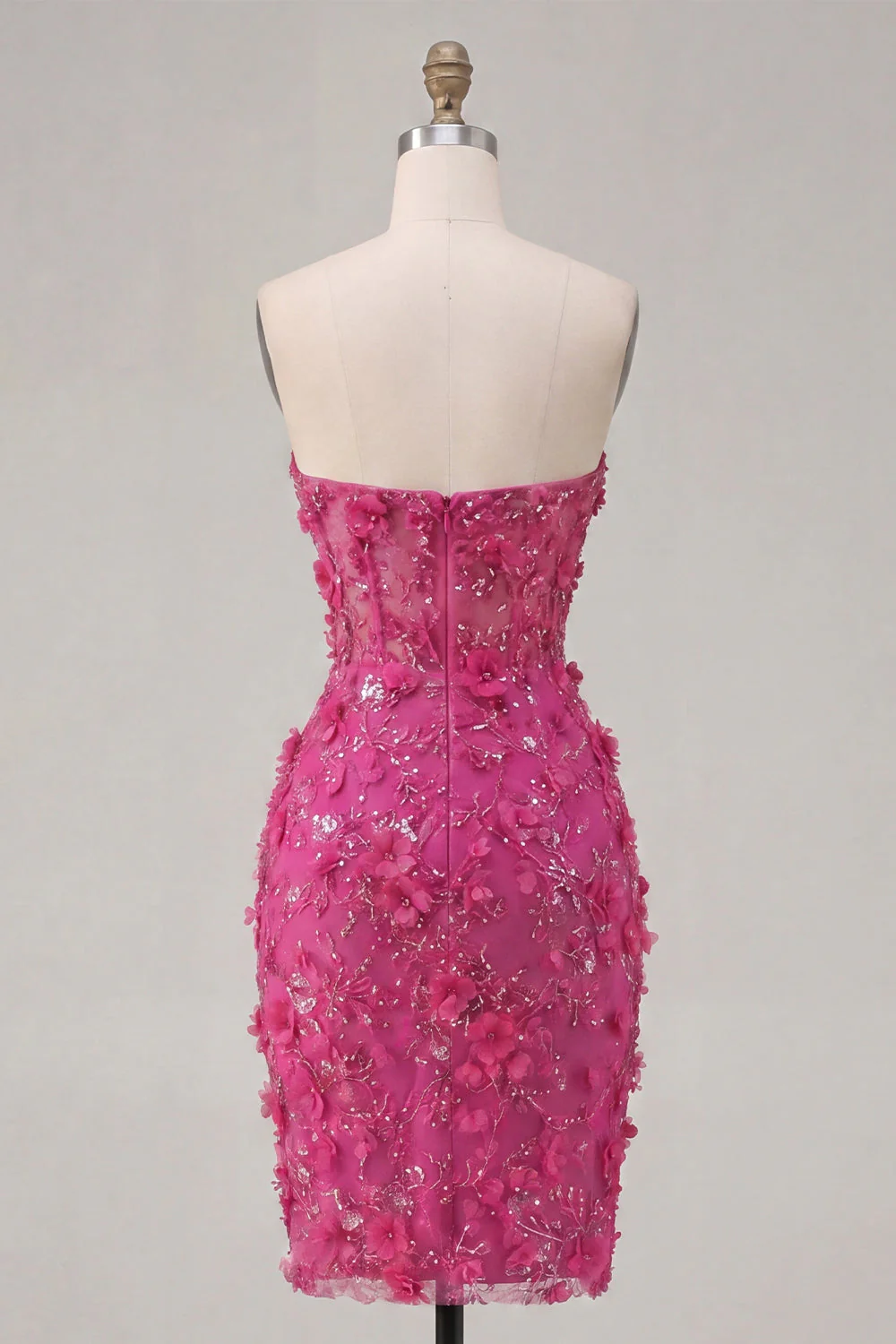 Błyszcząca fuksjowa kwiatowa sukienka Sweetheart Tight Short Gorset Dress Homecoming z koralikami - Image 2