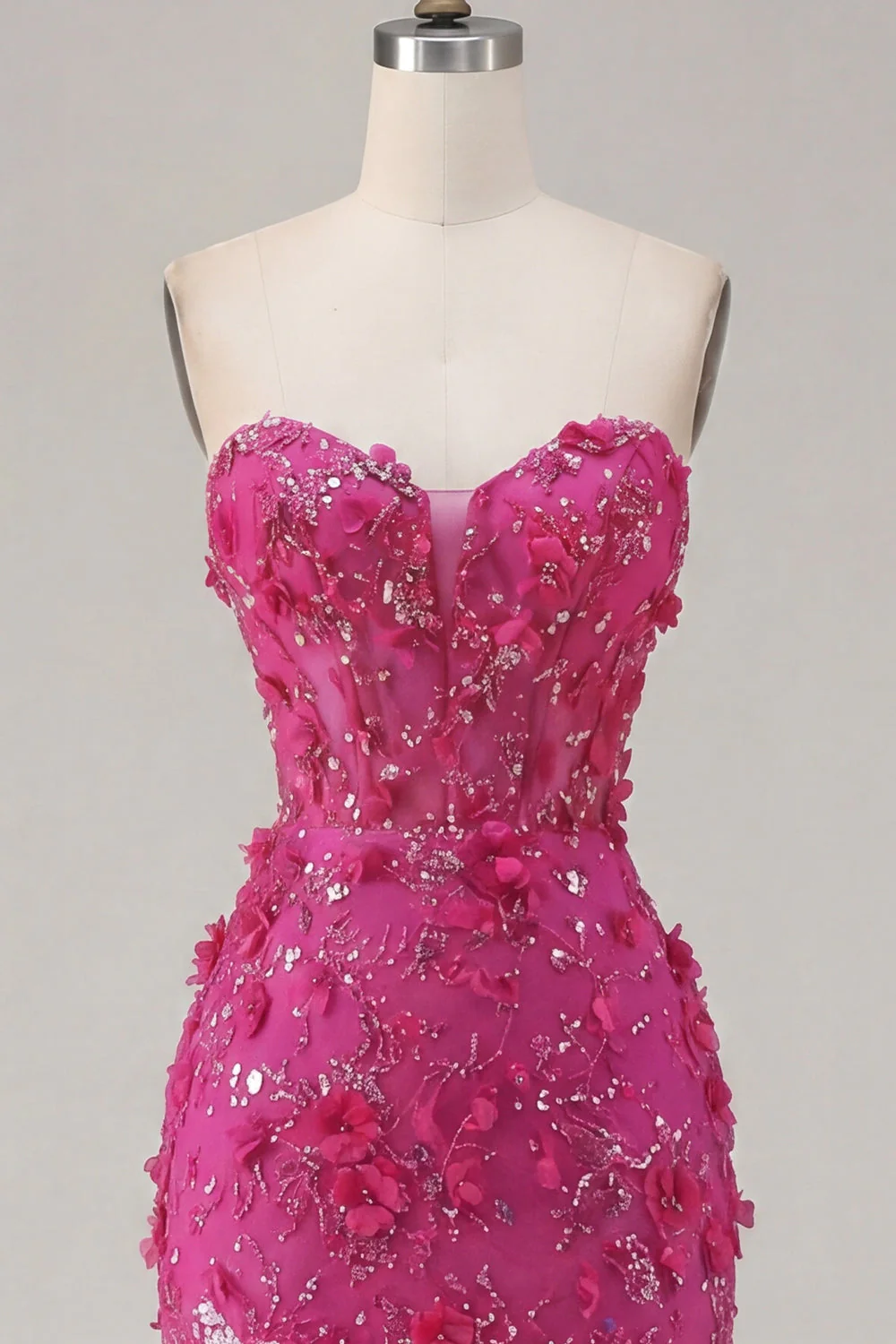 Błyszcząca fuksjowa kwiatowa sukienka Sweetheart Tight Short Gorset Dress Homecoming z koralikami - Image 7