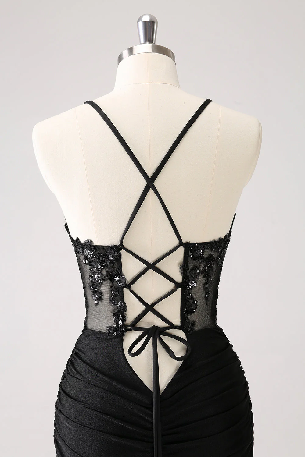 Błyszcząca gorset spaghetti bodycon krótka sukienka na powrót do domu z koronkowym tyłem - Image 5