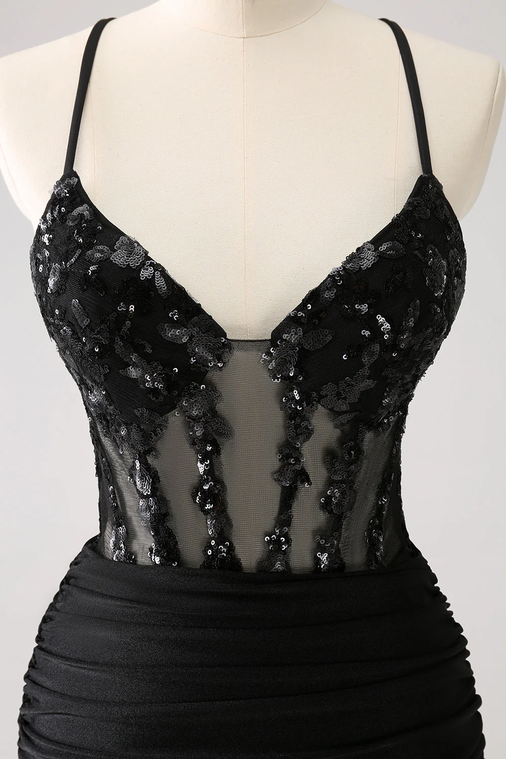 Błyszcząca gorset spaghetti bodycon krótka sukienka na powrót do domu z koronkowym tyłem - Image 7