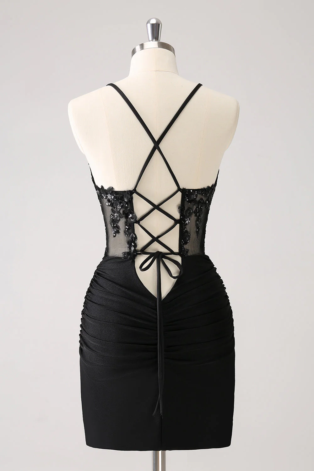 Błyszcząca gorset spaghetti bodycon krótka sukienka na powrót do domu z koronkowym tyłem - Image 2