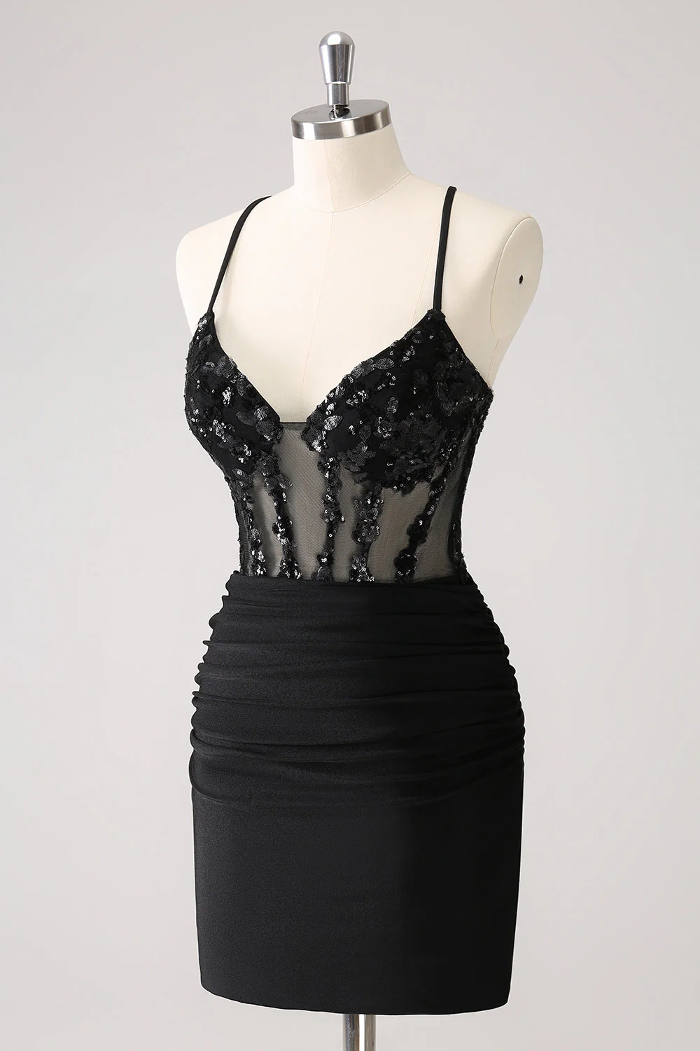 Błyszcząca gorset spaghetti bodycon krótka sukienka na powrót do domu z koronkowym tyłem - Image 3