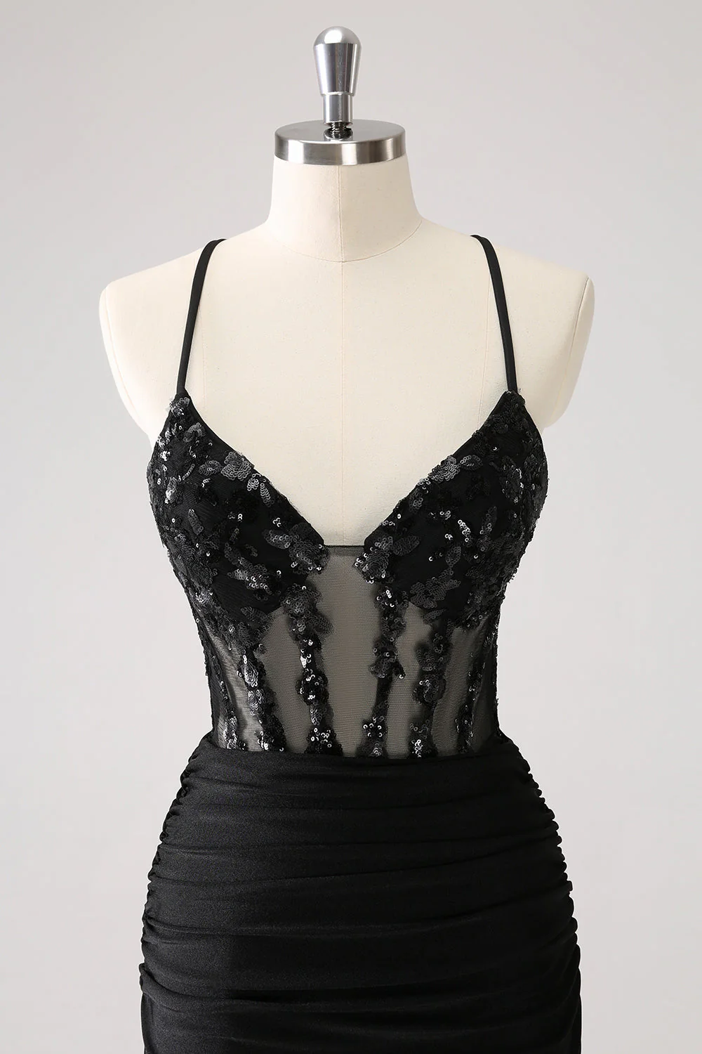 Błyszcząca gorset spaghetti bodycon krótka sukienka na powrót do domu z koronkowym tyłem - Image 4