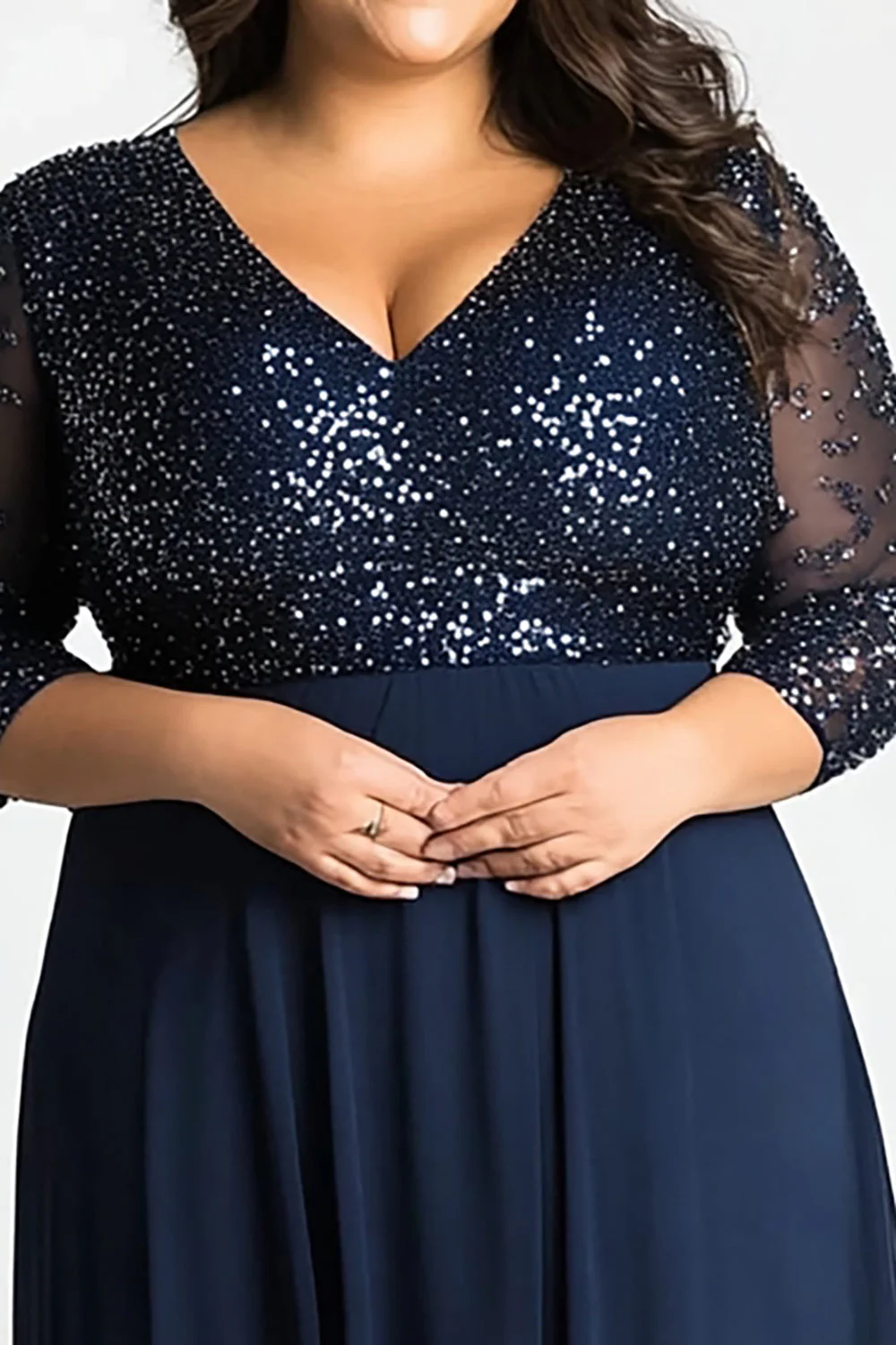Błyszcząca Granatowa Plus Size Długa Sukienki Na Wesele z Długie Rękawy - Image 2