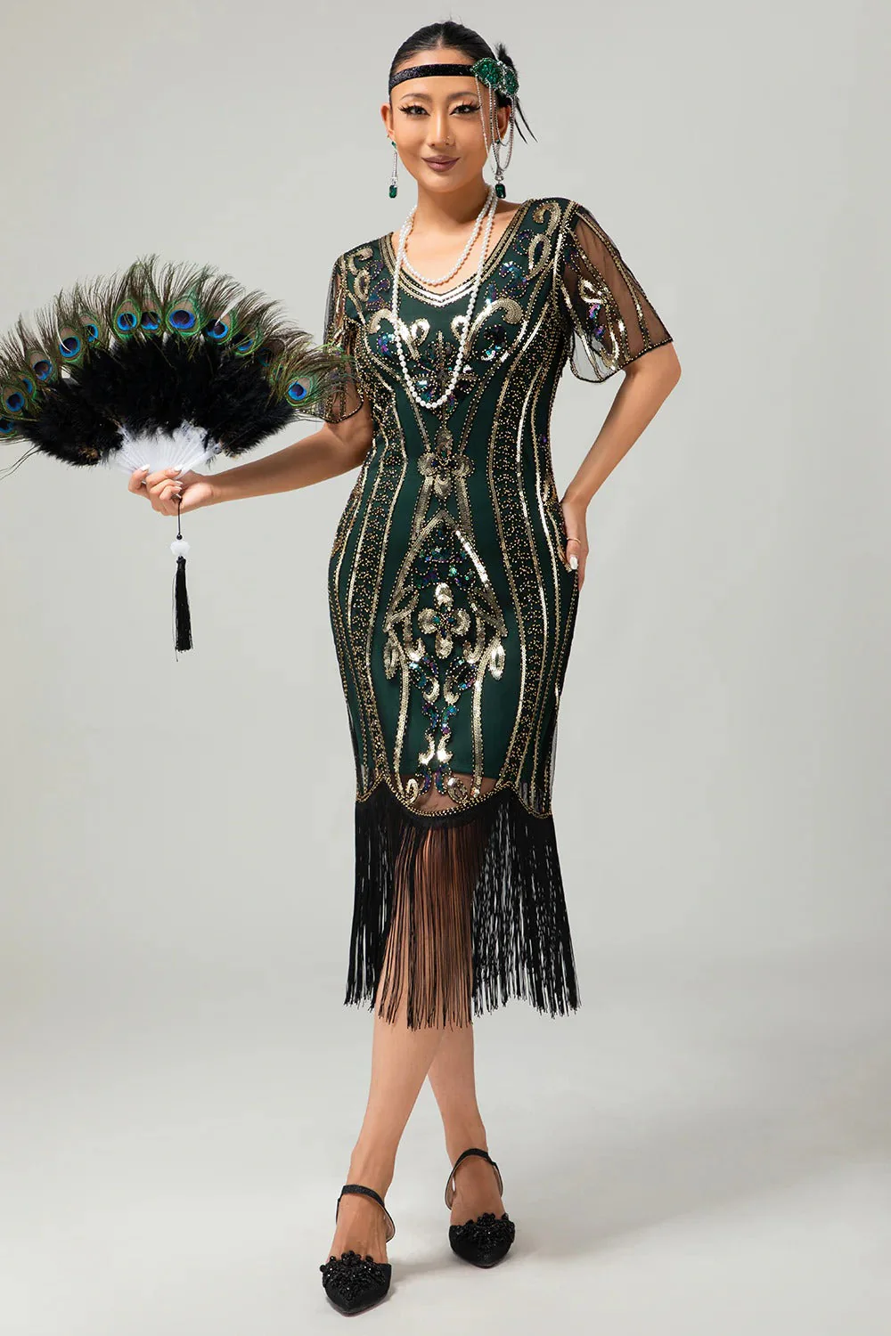 Błyszcząca klapa złota cekinowa sukienka bodycon z frędzlami 1920 - Image 14