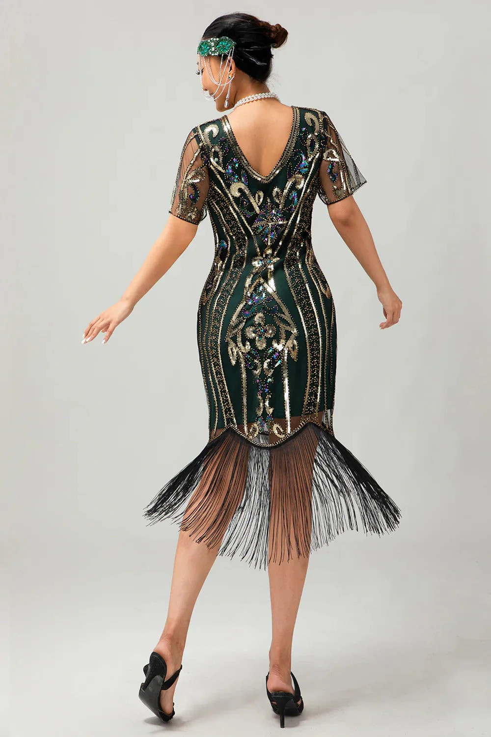 Błyszcząca klapa złota cekinowa sukienka bodycon z frędzlami 1920 - Image 15