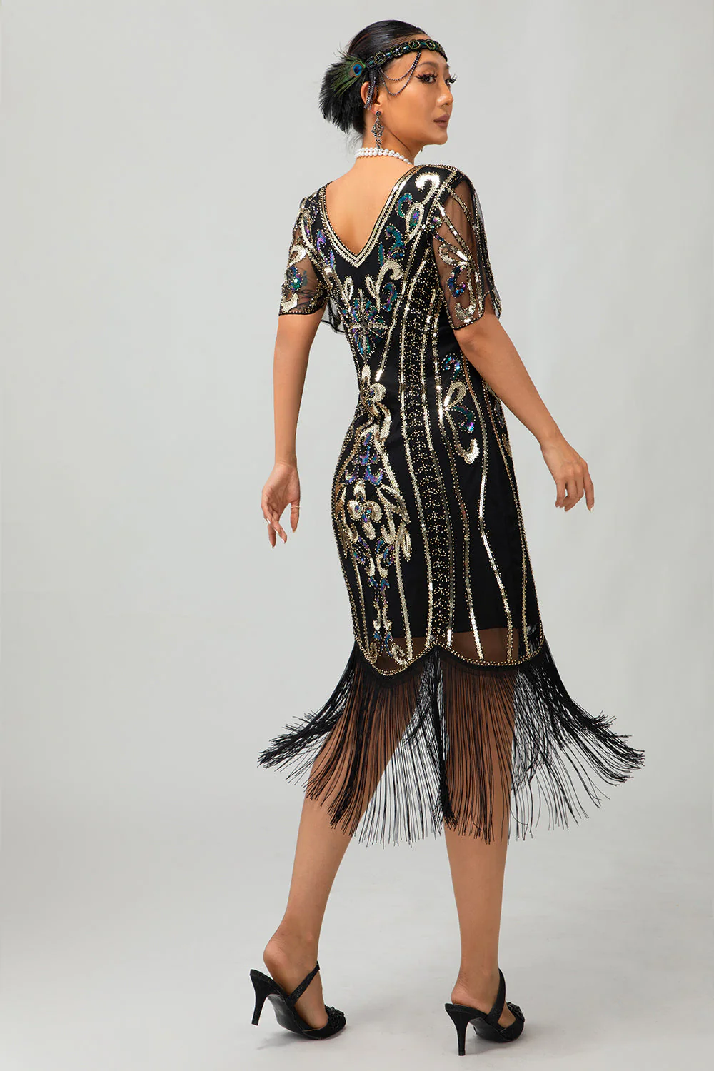 Błyszcząca klapa złota cekinowa sukienka bodycon z frędzlami 1920 - Image 2