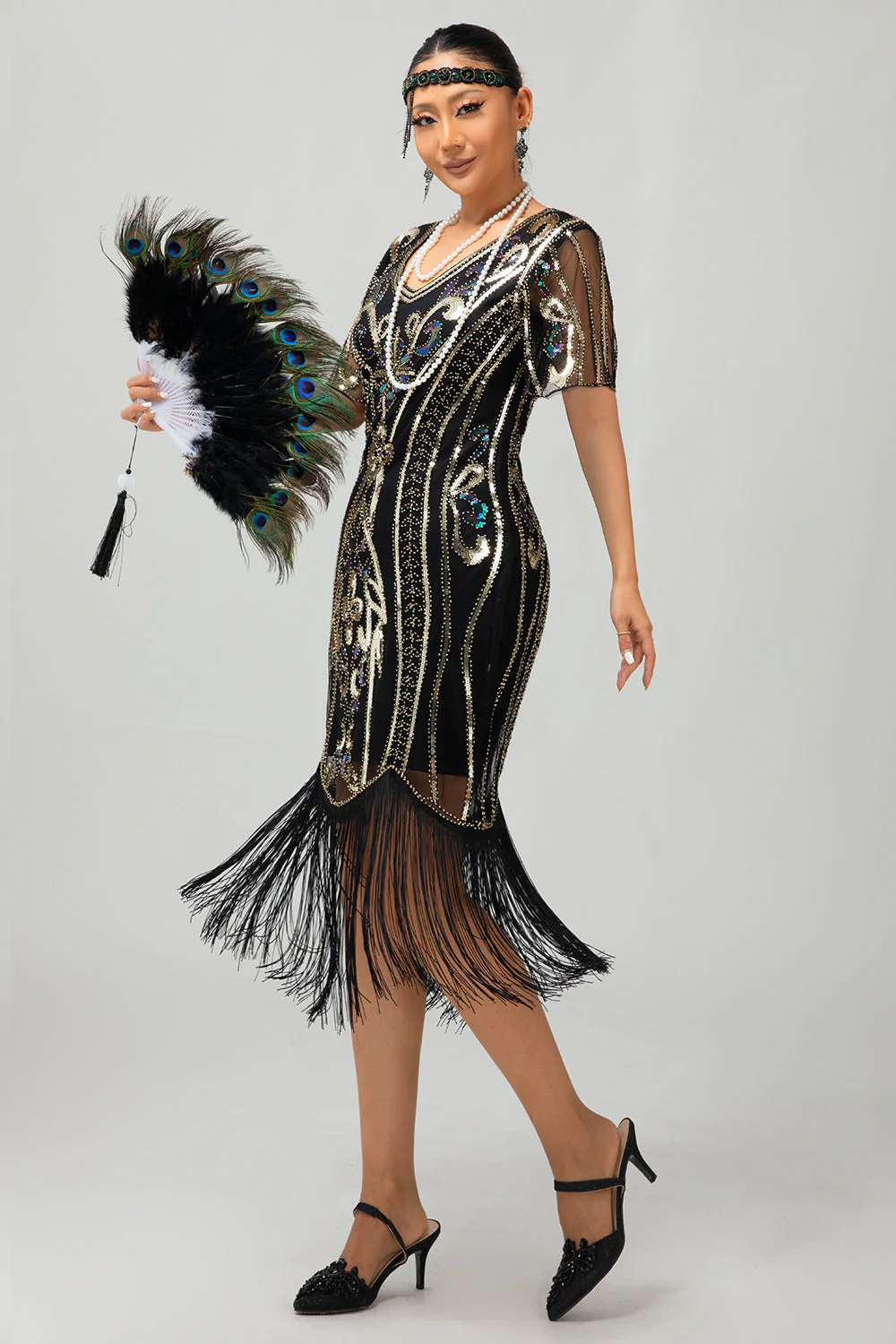 Błyszcząca klapa złota cekinowa sukienka bodycon z frędzlami 1920 - Image 4