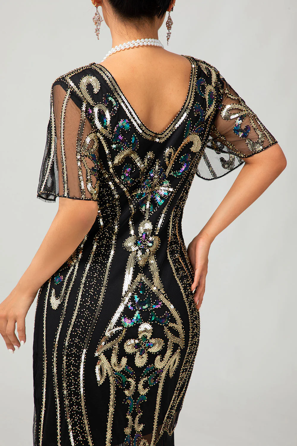 Błyszcząca klapa złota cekinowa sukienka bodycon z frędzlami 1920 - Image 8
