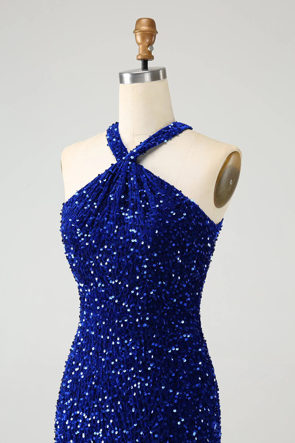 Błyszcząca Królewska Niebieska Bodycon Halter Cekinowa Krótka Sukienka Na Powrót Do Domu Z Frędzlami - Image 6