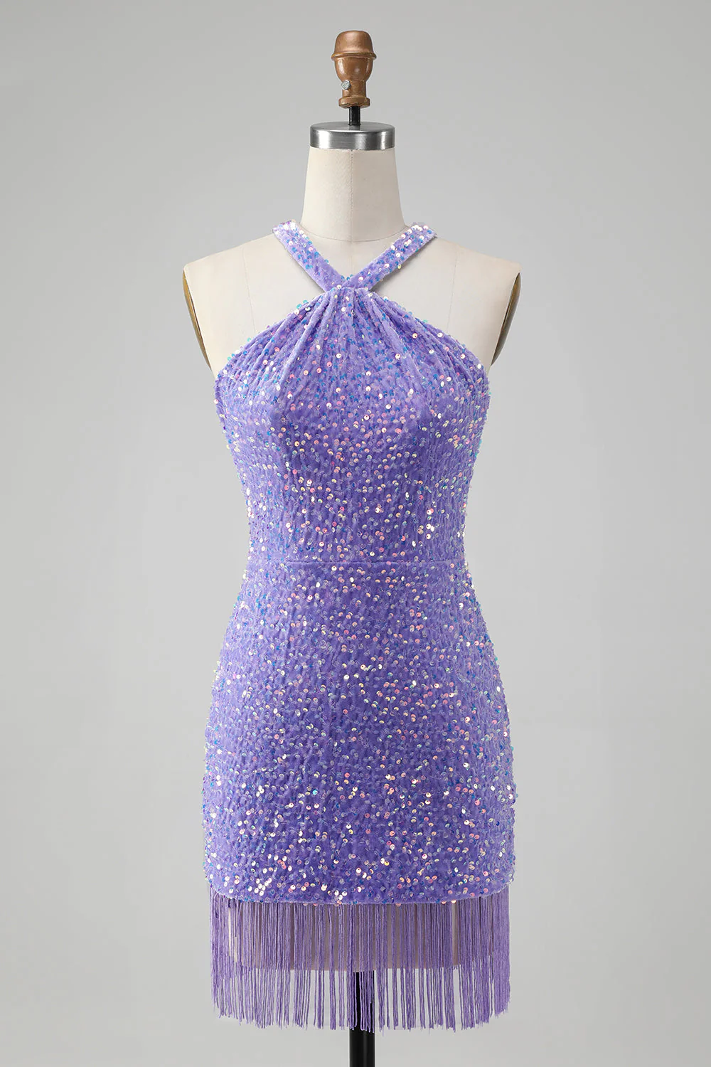 Błyszcząca Królewska Niebieska Bodycon Halter Cekinowa Krótka Sukienka Na Powrót Do Domu Z Frędzlami - Image 7