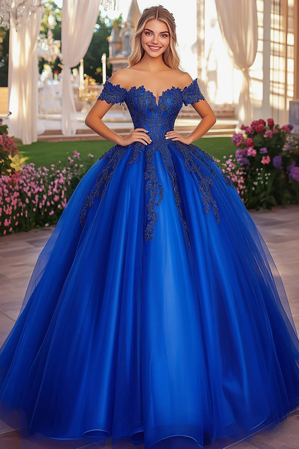 Błyszcząca królewska niebieska suknia balowa z odkrytymi ramionami sukienka quinceanera z koronkowymi aplikacjami - Image 2